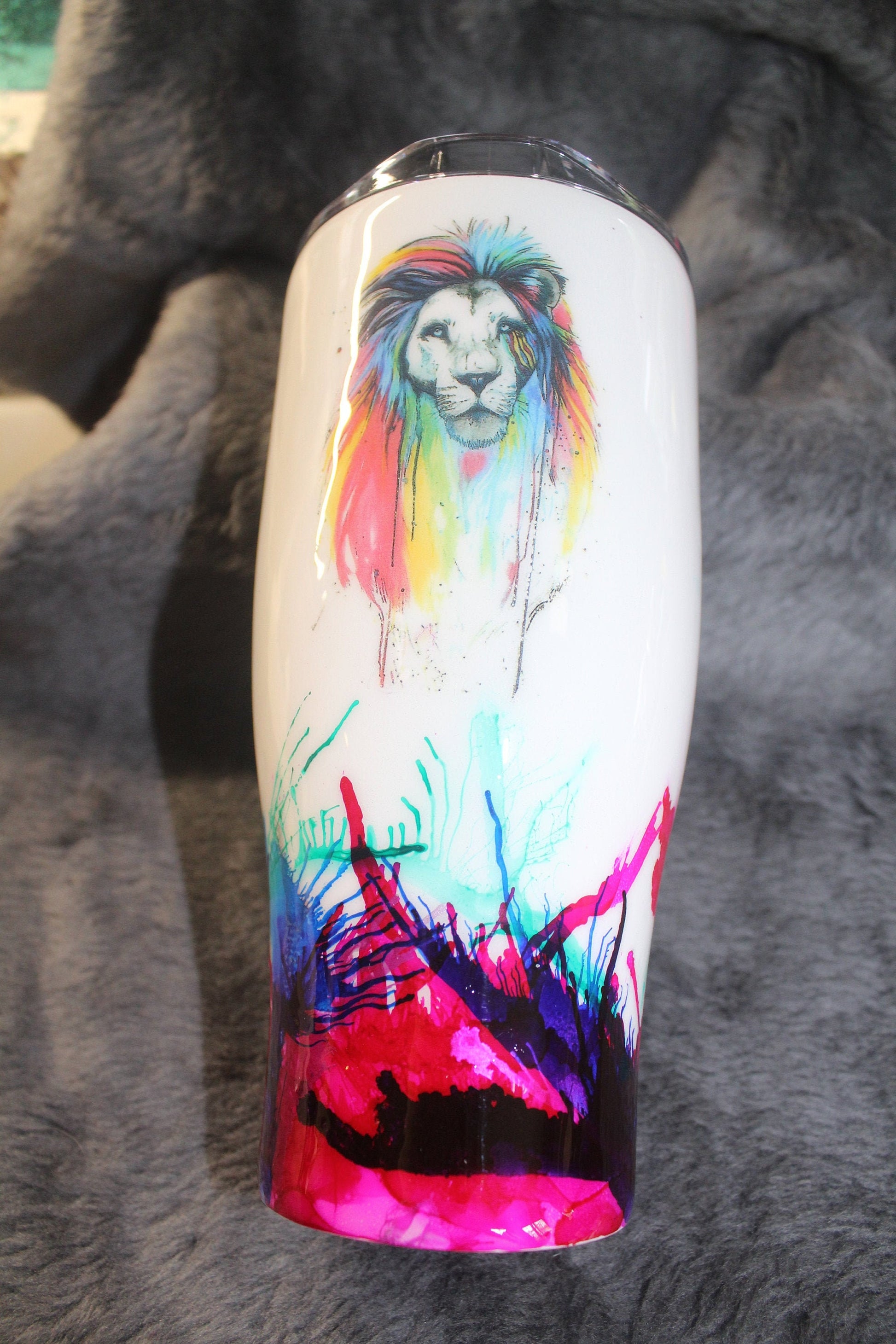 Color splatter steel tumbler, hand glittered, customizable any color, 30oz hot cold coffee tea tumbler gift leo the lion, king of the jungle