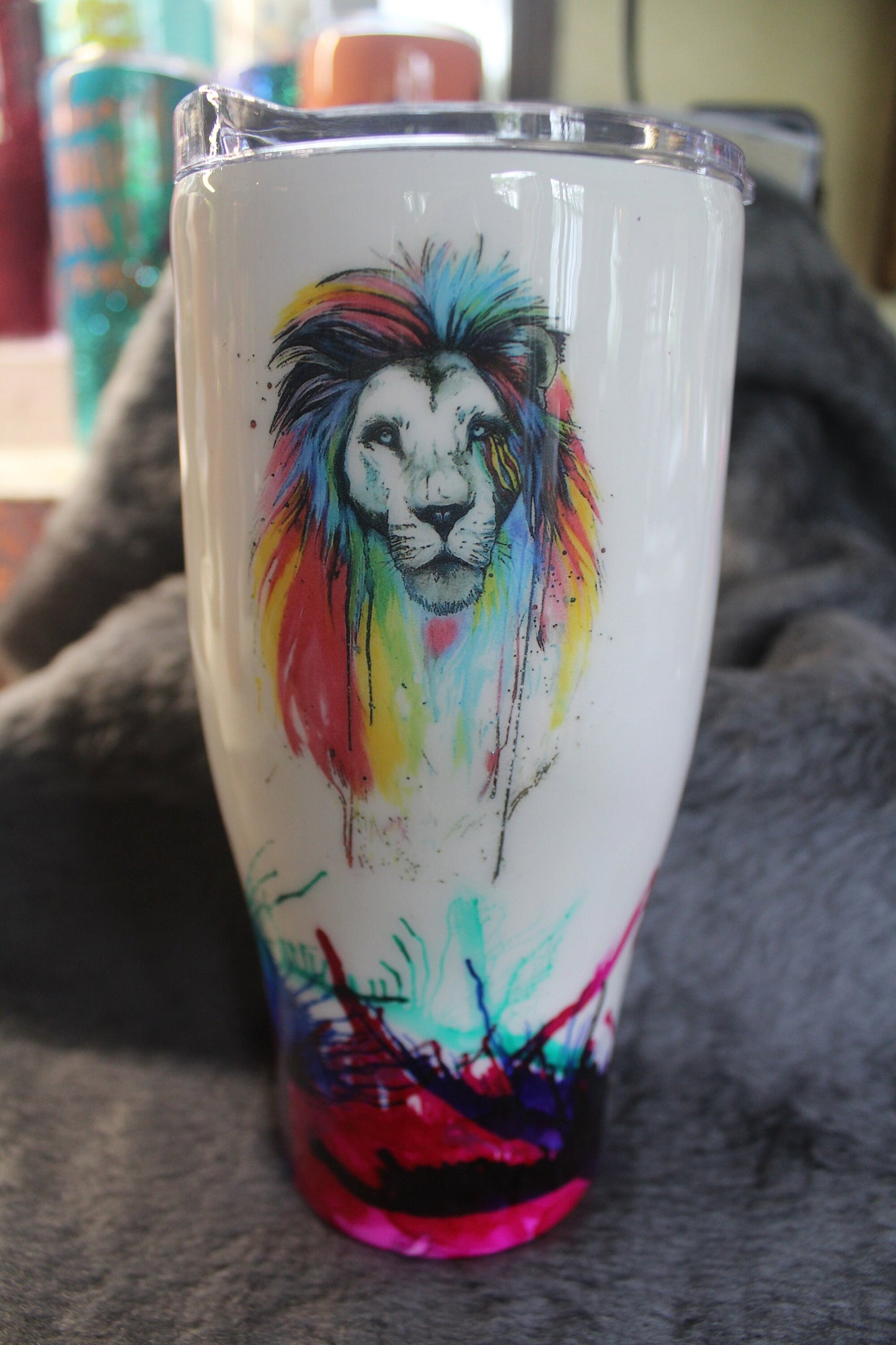 Color splatter steel tumbler, hand glittered, customizable any color, 30oz hot cold coffee tea tumbler gift leo the lion, king of the jungle